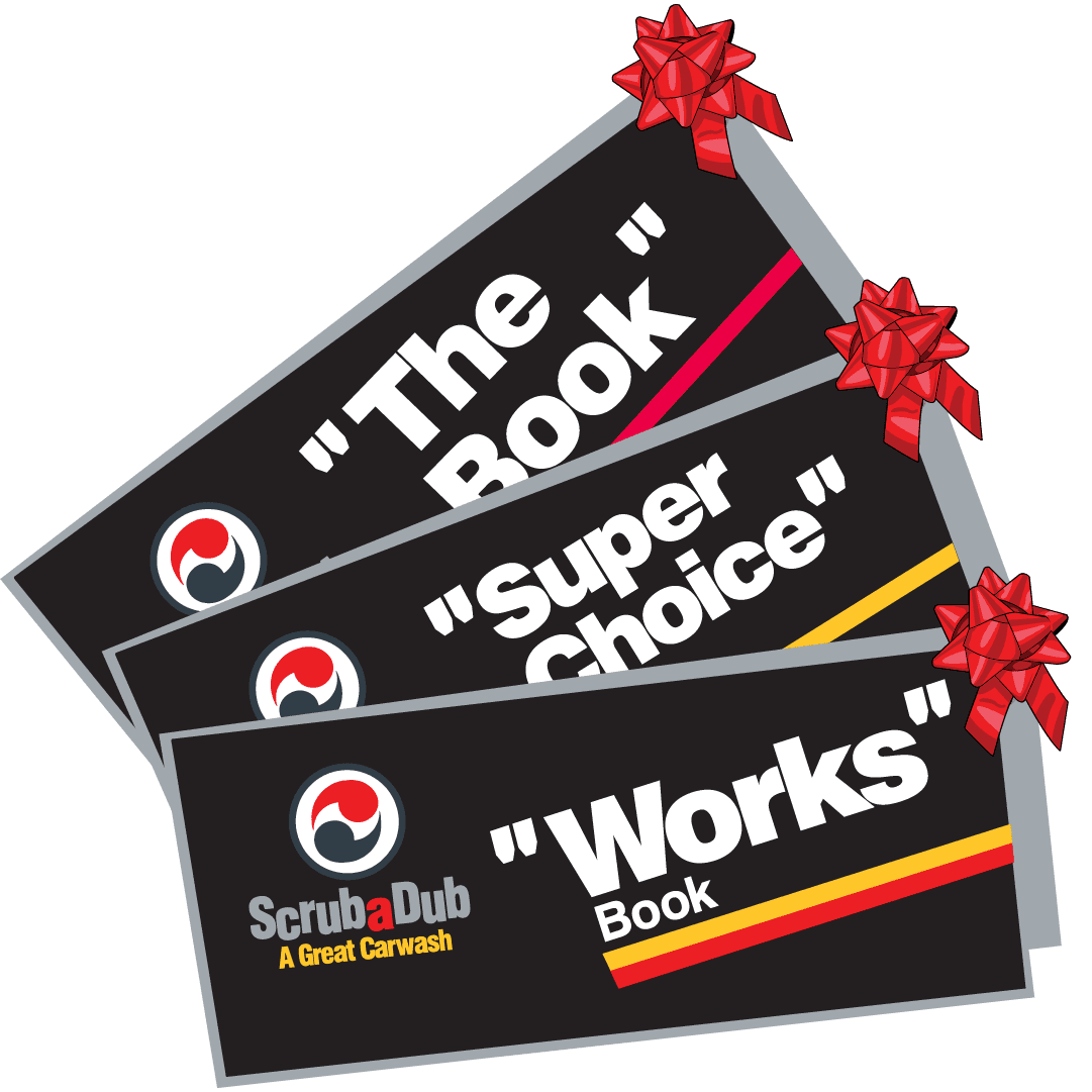 Three ScrubaDub wash books with red gift bows labeled The Book, Super Choice and Works Book