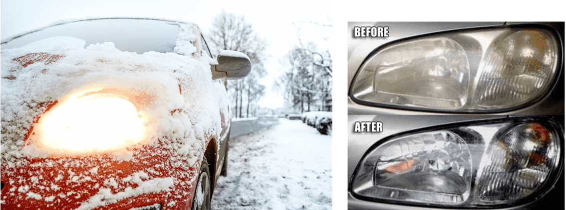 Snow-covered red car with a glowing headlight, beside a before-and-after comparison of a cloudy and a restored headlight