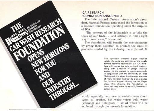 Magazine clipping announcing the ICA Car Wash Research Foundation, with Marshall Paisner as president