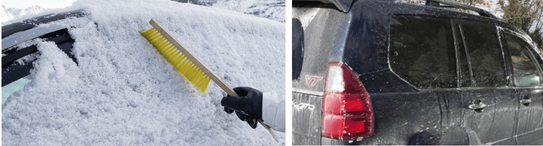 Gloved hand brushing snow off a windshield beside a salt-streaked dark SUV