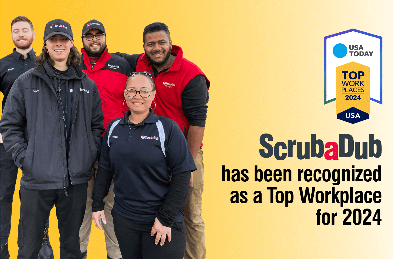 ScrubaDub team members beside a USA Today Top Workplaces 2024 badge and the text ScrubaDub has been recognized as a Top Workplace for 2024