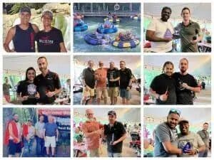 Collage of nine photos of ScrubaDub employees at a 2022 company outing with bumper boats and awards