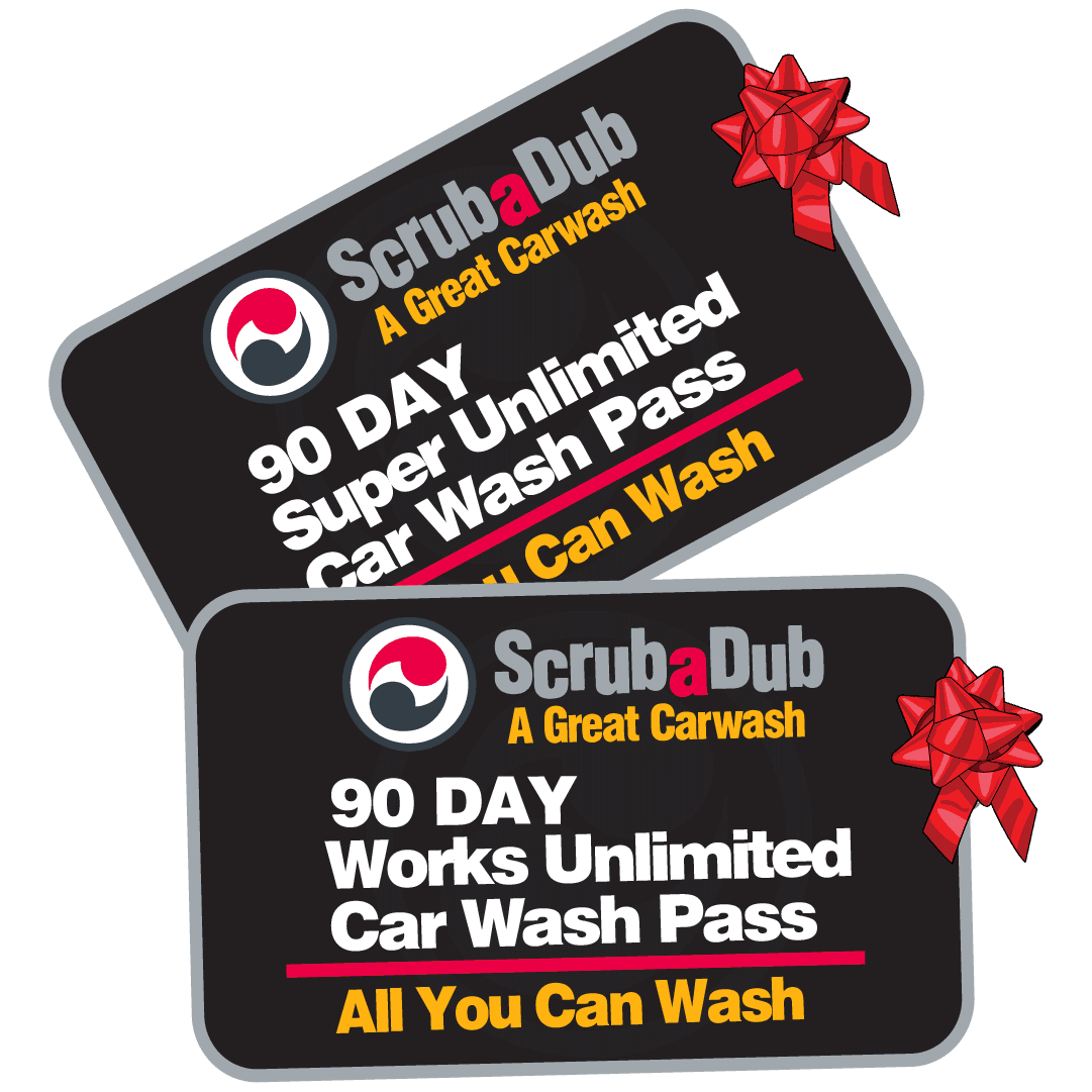 Two ScrubaDub 90-day unlimited car wash pass cards with red gift bows