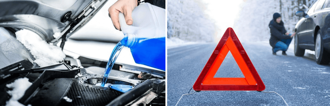 Blue washer fluid being poured into a snowy engine bay next to a warning triangle on an icy road