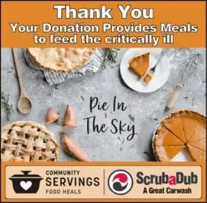 Community Servings and ScrubaDub Pie in the Sky thank-you graphic with pies on a table